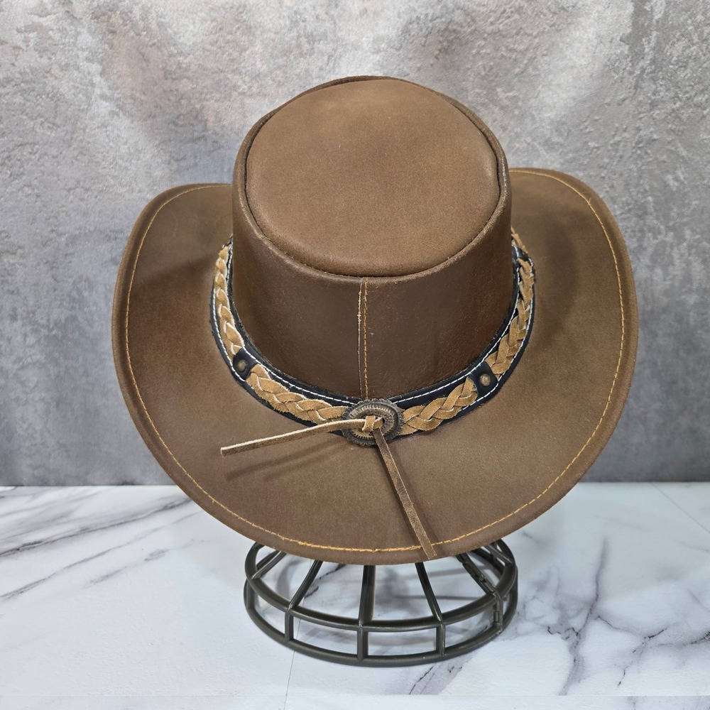 Brown Leather Outback Cowboy Hat Large Western Aussie Braided Band Wide Brim
